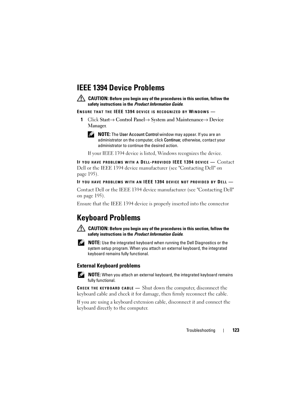 Dell 1700 manual Ieee 1394 Device Problems, Keyboard Problems, External Keyboard problems, 123 