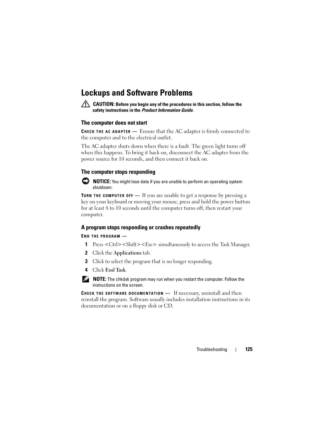 Dell 1700 manual Lockups and Software Problems, Computer does not start, Computer stops responding, 125 