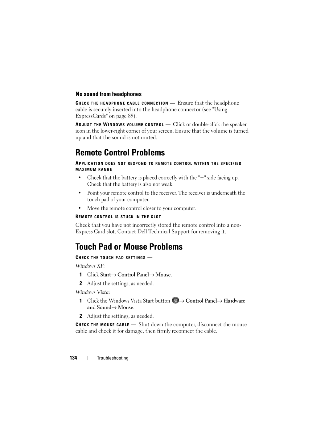 Dell 1700 manual Remote Control Problems, Touch Pad or Mouse Problems, No sound from headphones, 134 