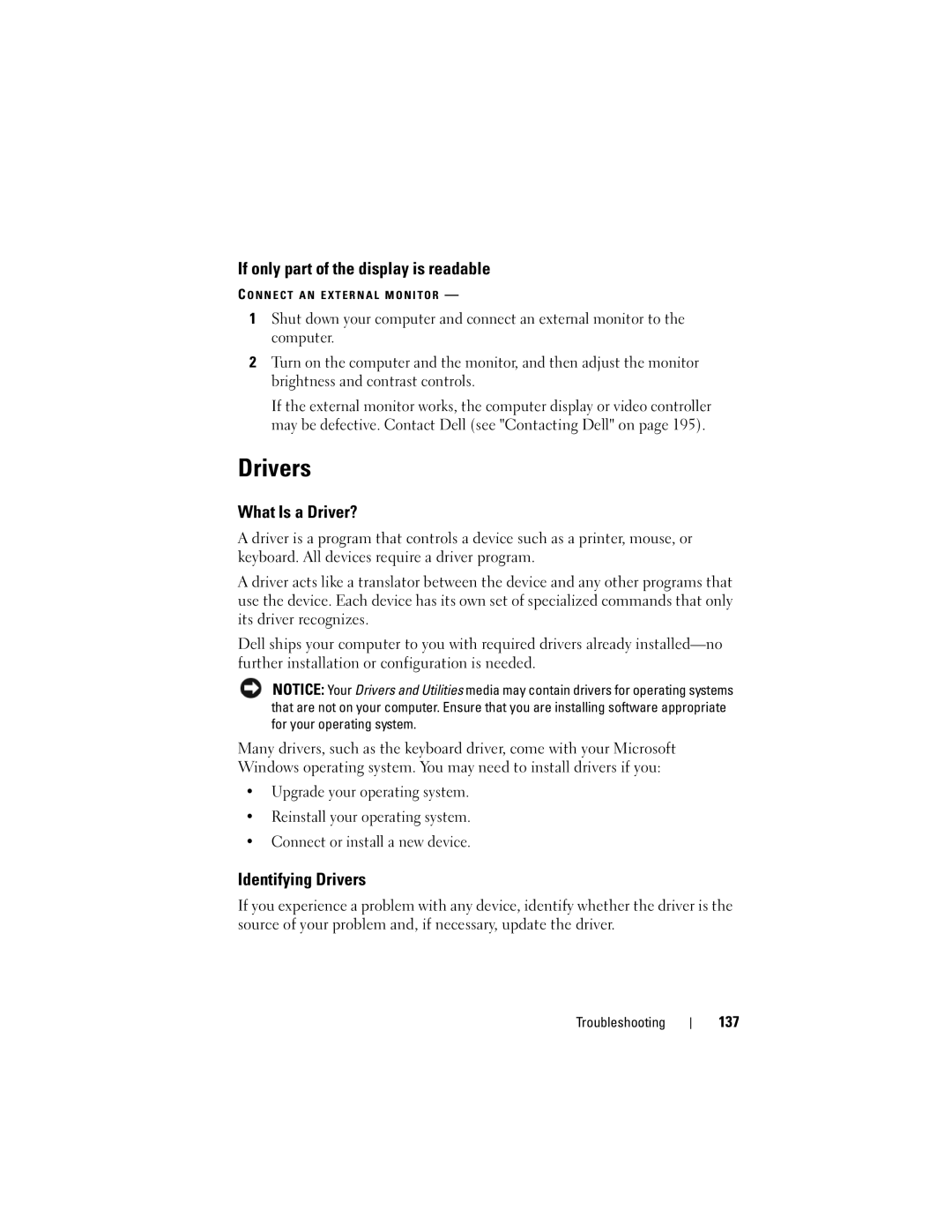 Dell 1700 manual If only part of the display is readable, What Is a Driver?, Identifying Drivers, 137 