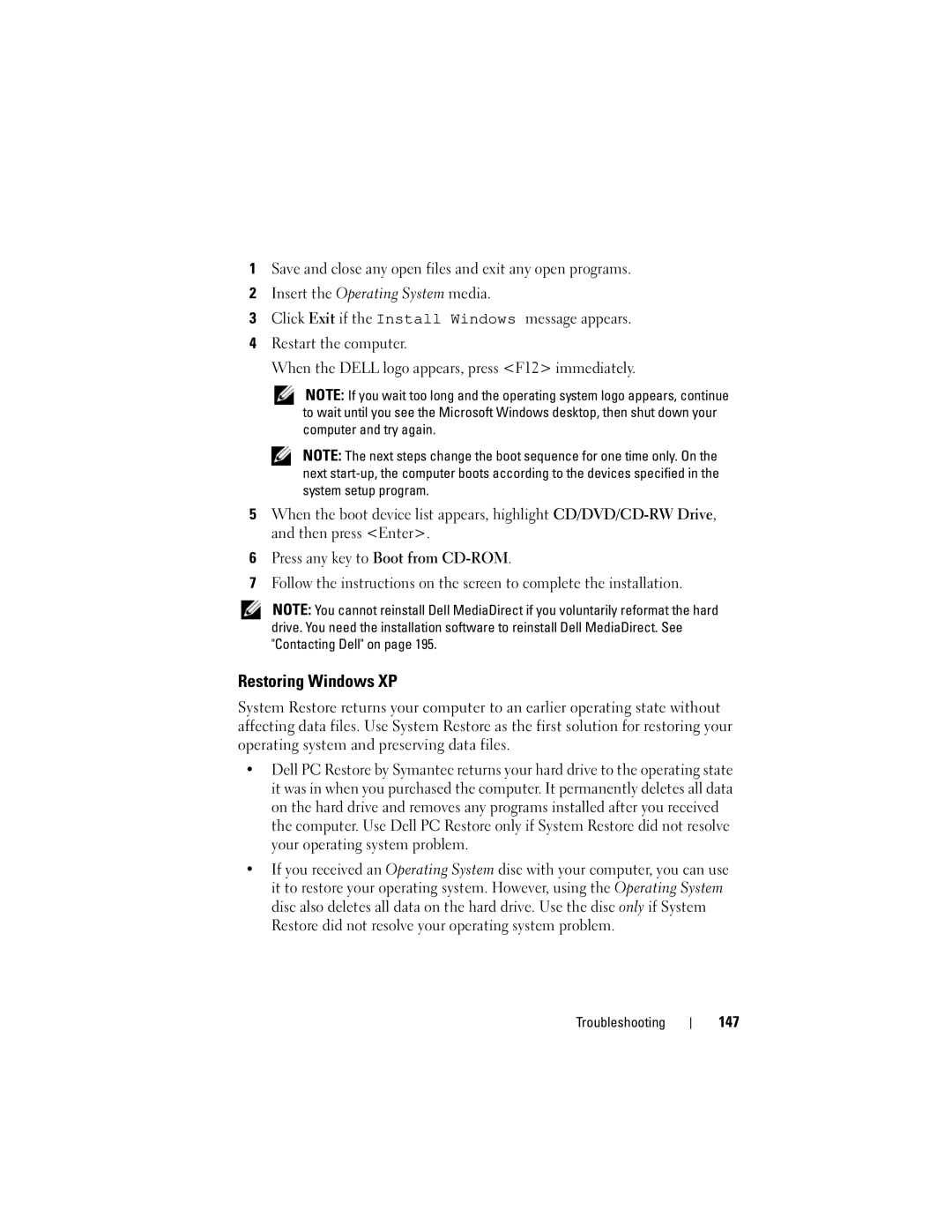 Dell 1700 manual Restoring Windows XP, 147 