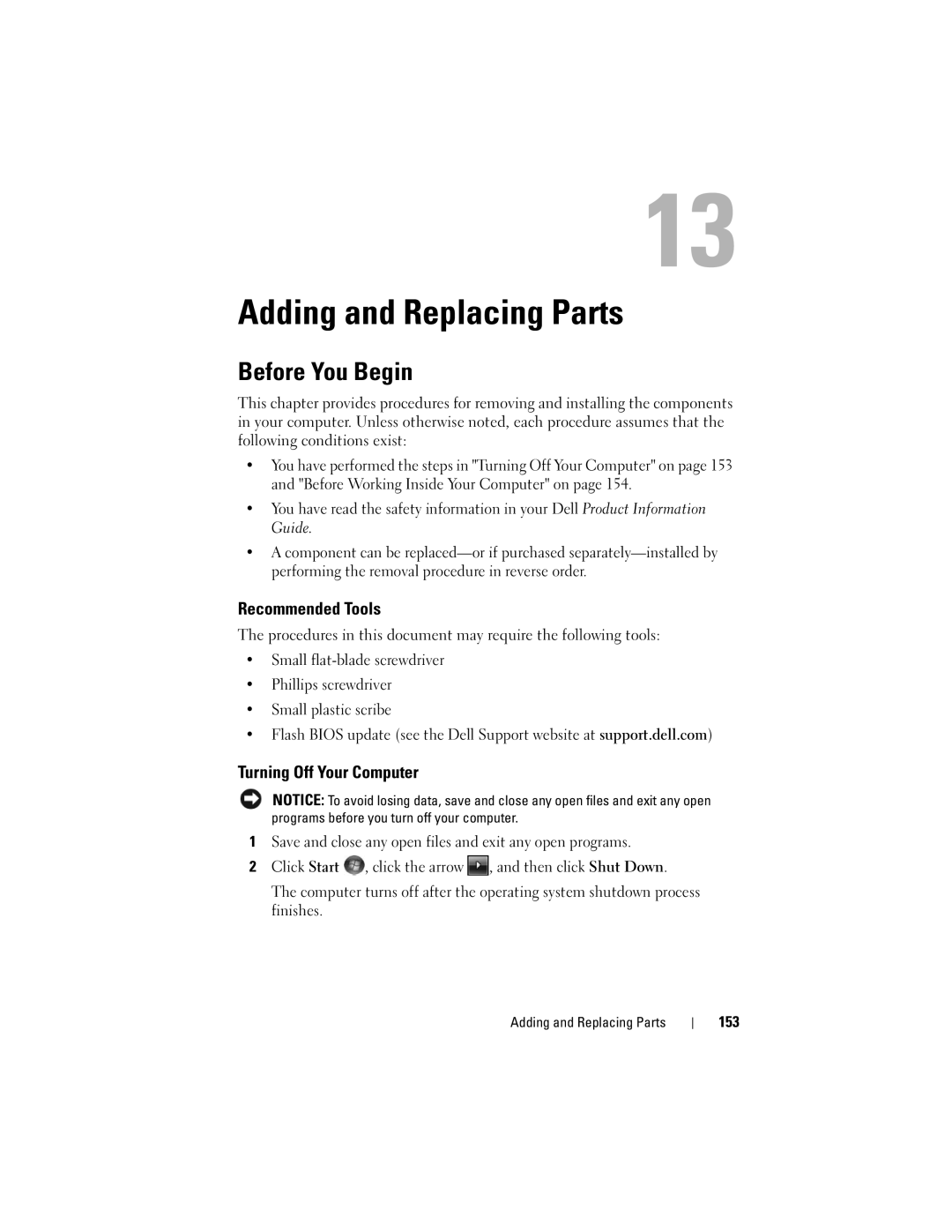 Dell 1700 manual Adding and Replacing Parts, Before You Begin, Recommended Tools, Turning Off Your Computer, 153 