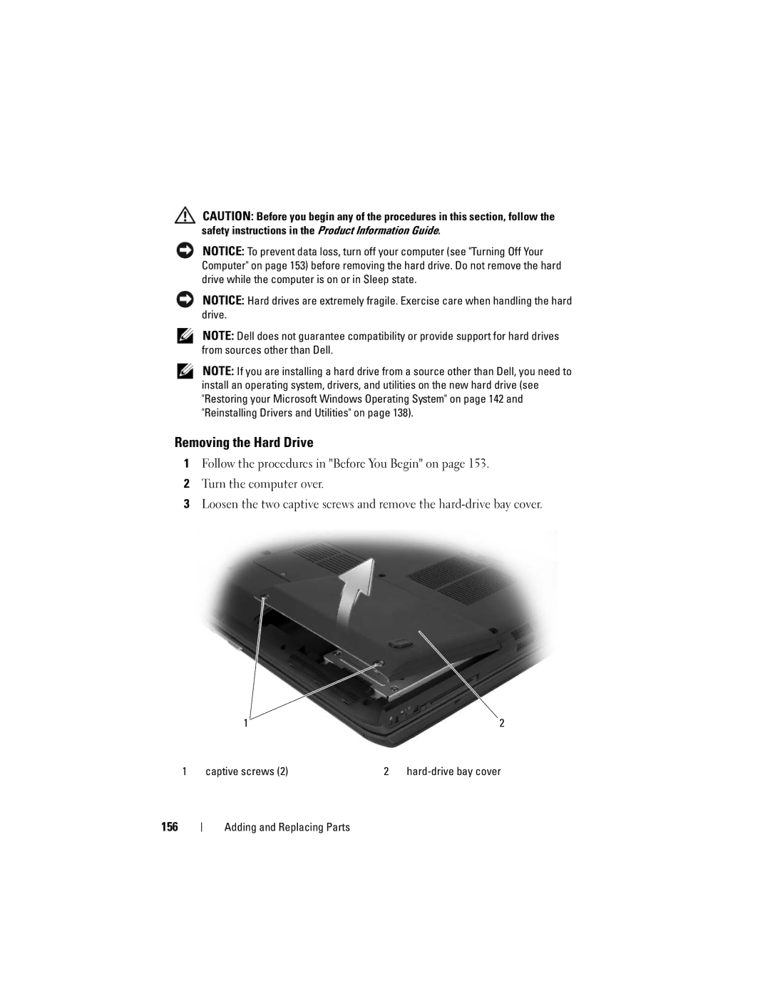 Dell 1700 manual Removing the Hard Drive, 156 