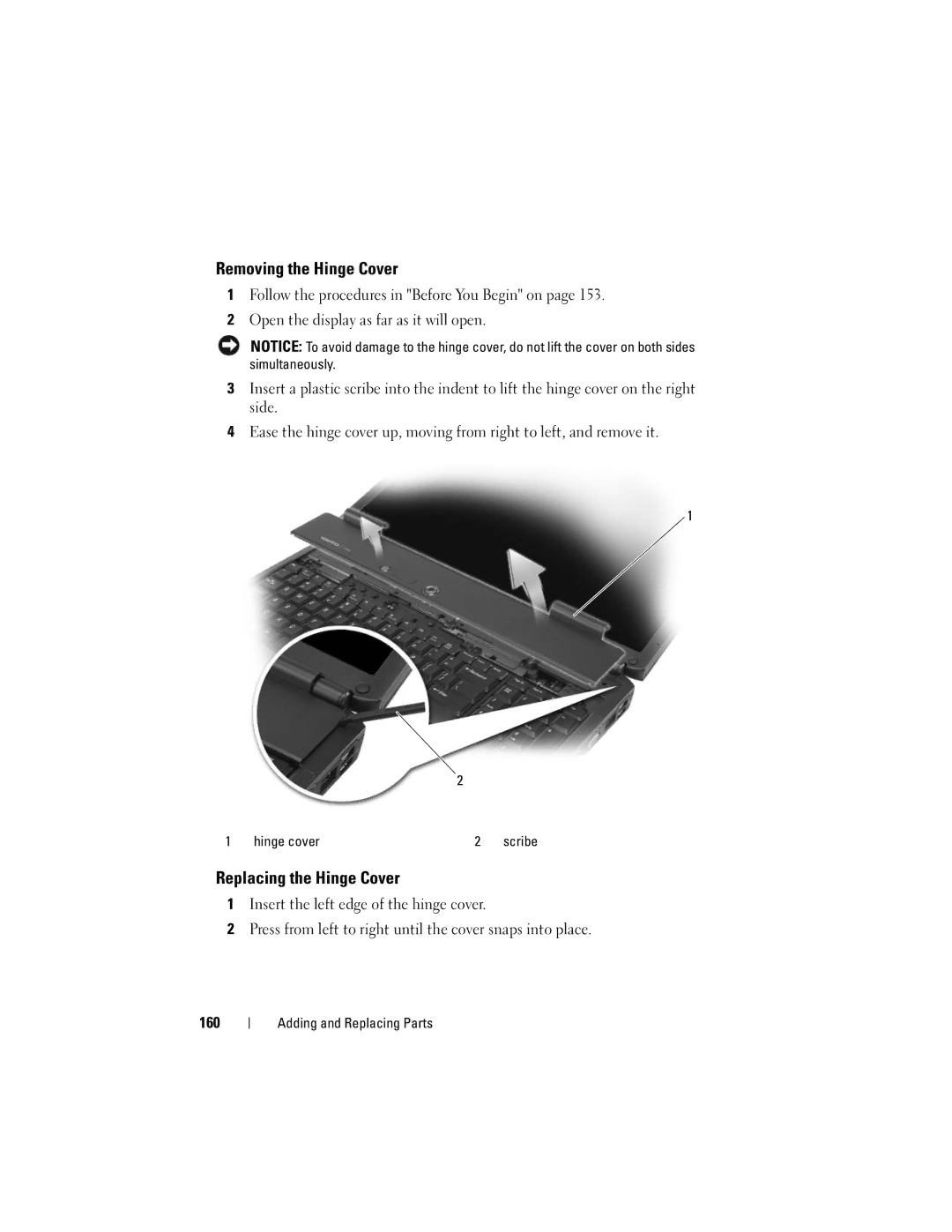 Dell 1700 manual Removing the Hinge Cover, Replacing the Hinge Cover 