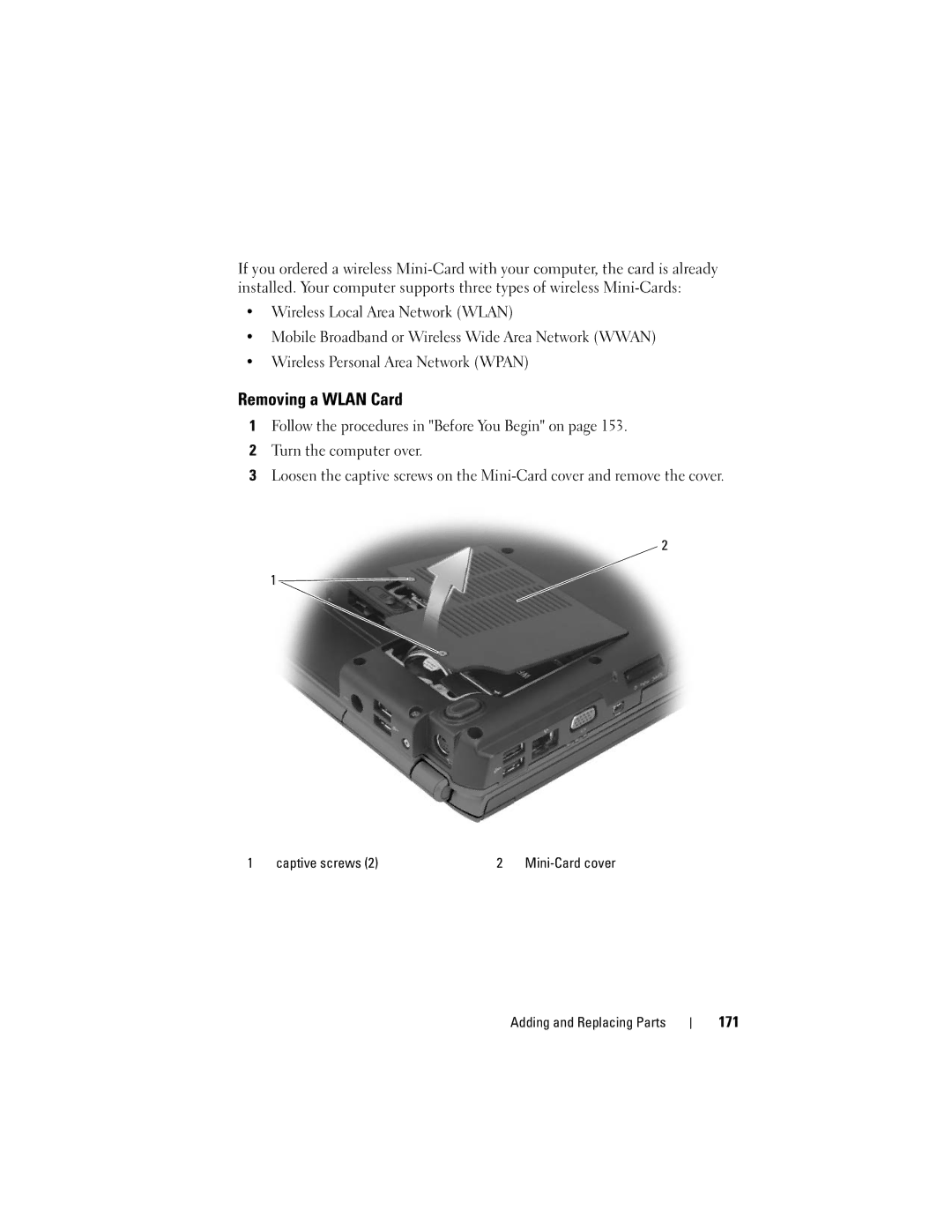 Dell 1700 manual Removing a Wlan Card, 171 