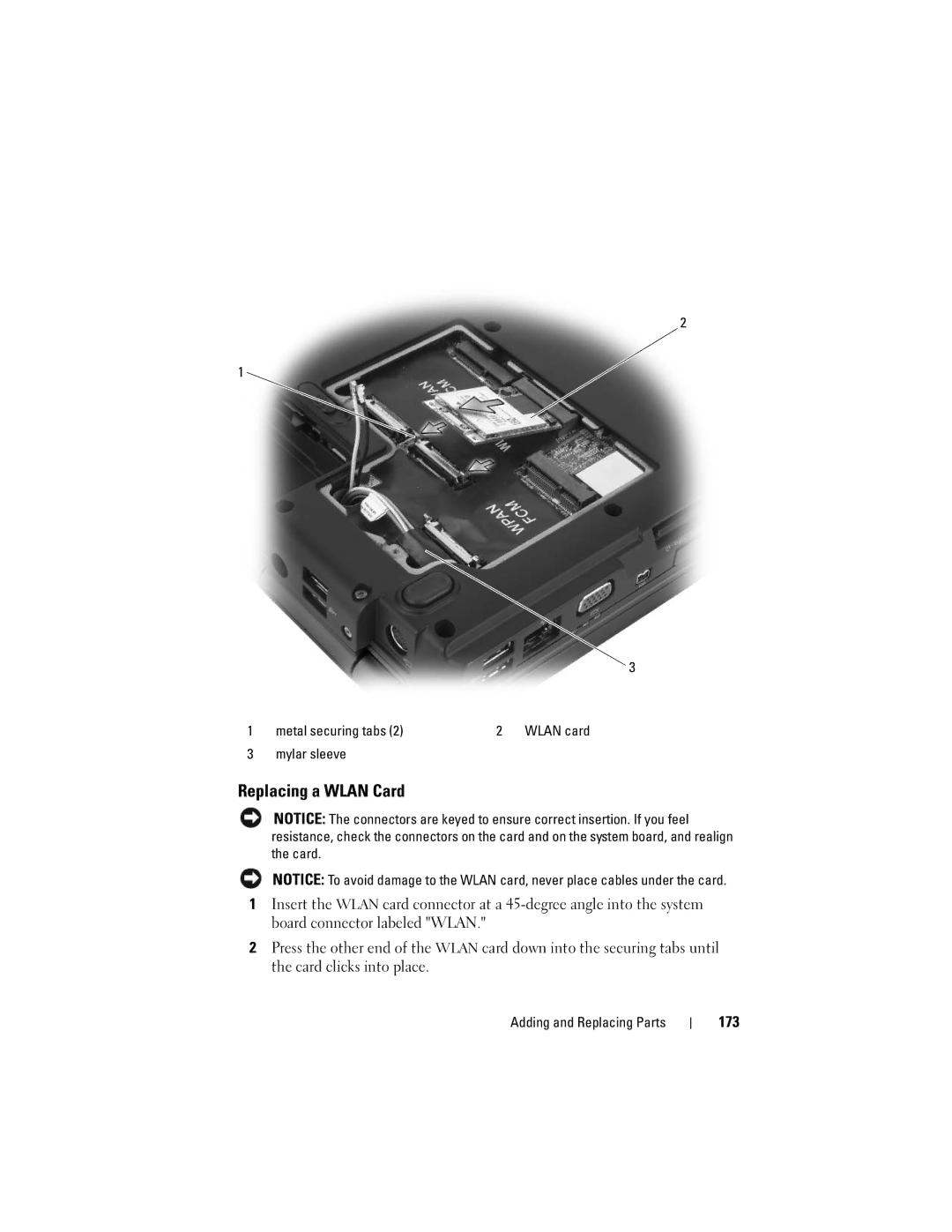 Dell 1700 manual Replacing a Wlan Card, 173 