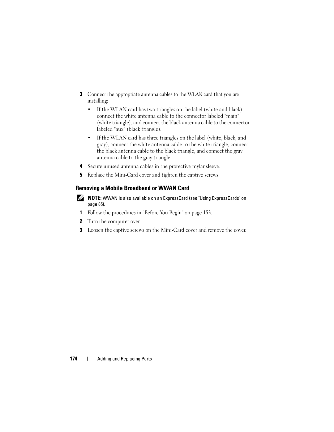 Dell 1700 manual Removing a Mobile Broadband or Wwan Card 