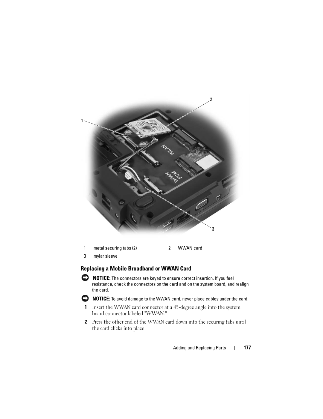 Dell 1700 manual Replacing a Mobile Broadband or Wwan Card, 177 