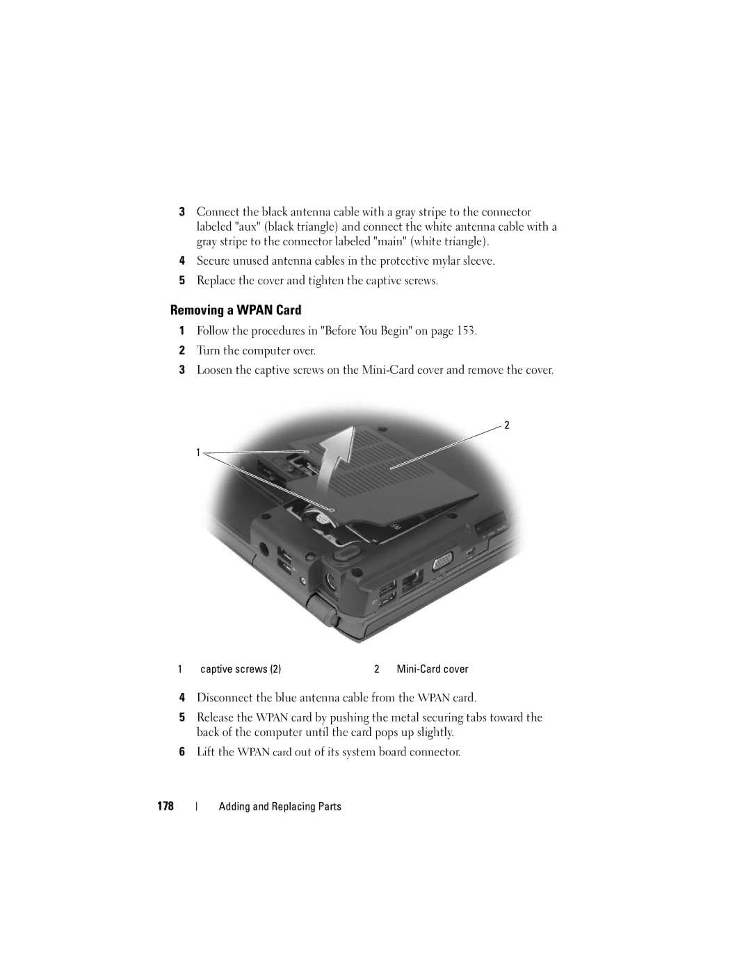 Dell 1700 manual Removing a Wpan Card 