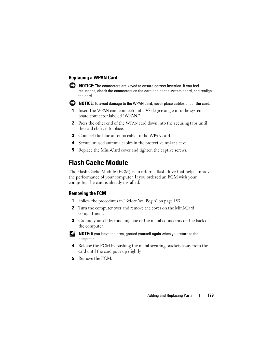 Dell 1700 manual Flash Cache Module, Replacing a Wpan Card, Removing the FCM, 179 