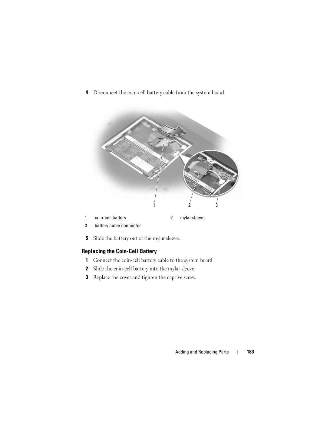 Dell 1700 manual Replacing the Coin-Cell Battery, Slide the battery out of the mylar sleeve, 183 