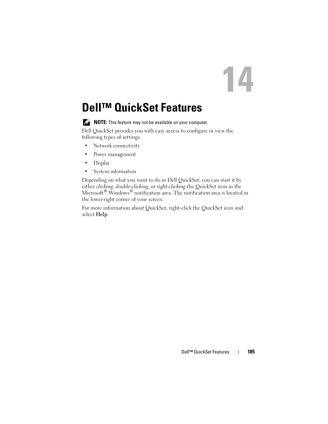 Dell 1700 manual Dell QuickSet Features, 185 