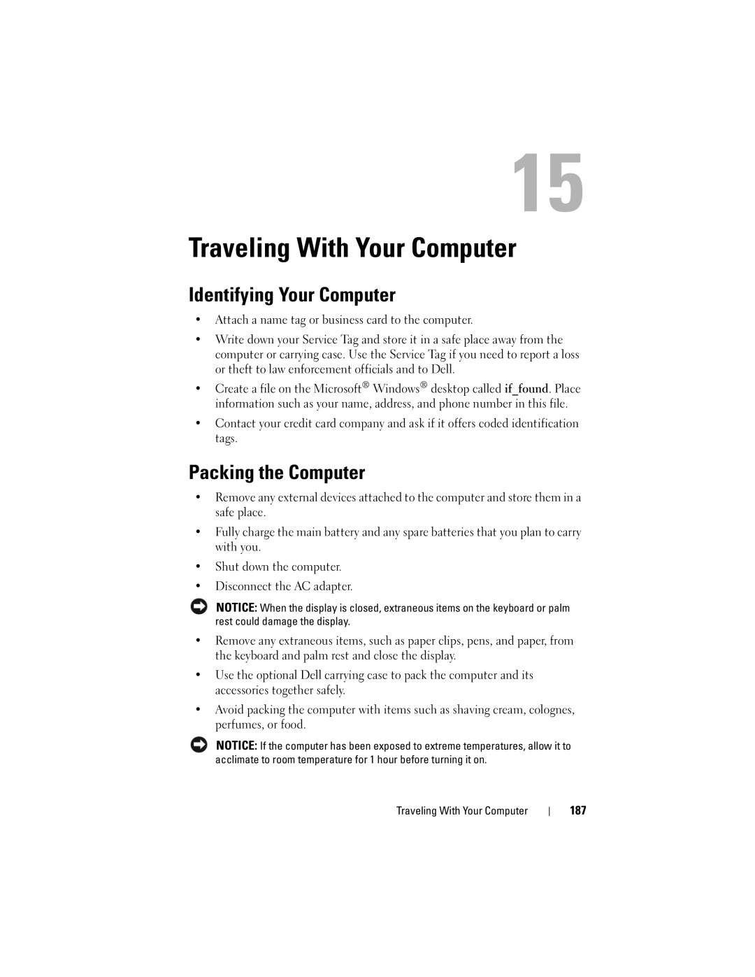 Dell 1700 manual Traveling With Your Computer, Identifying Your Computer, Packing the Computer, 187 