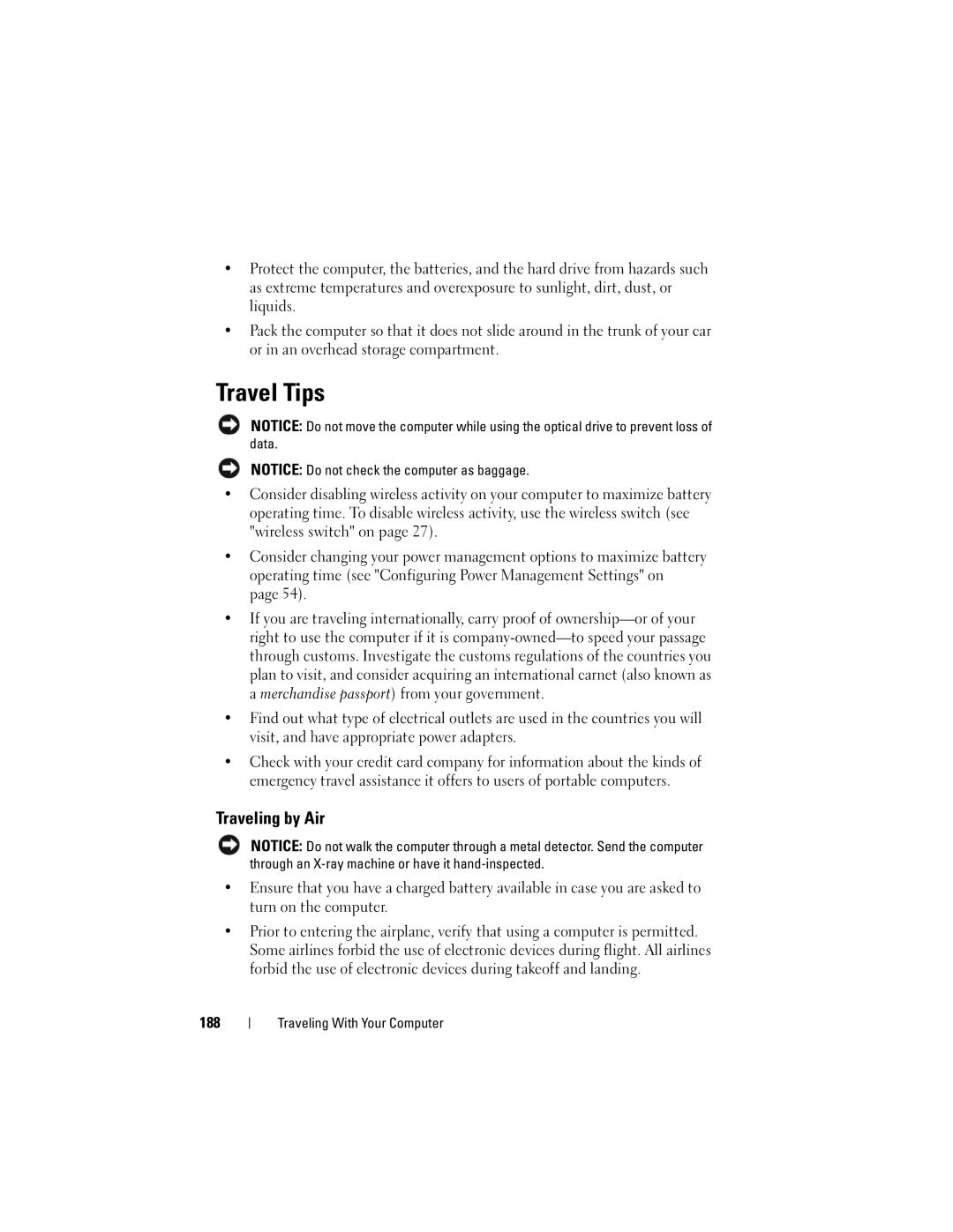 Dell 1700 manual Travel Tips, Traveling by Air, 188 