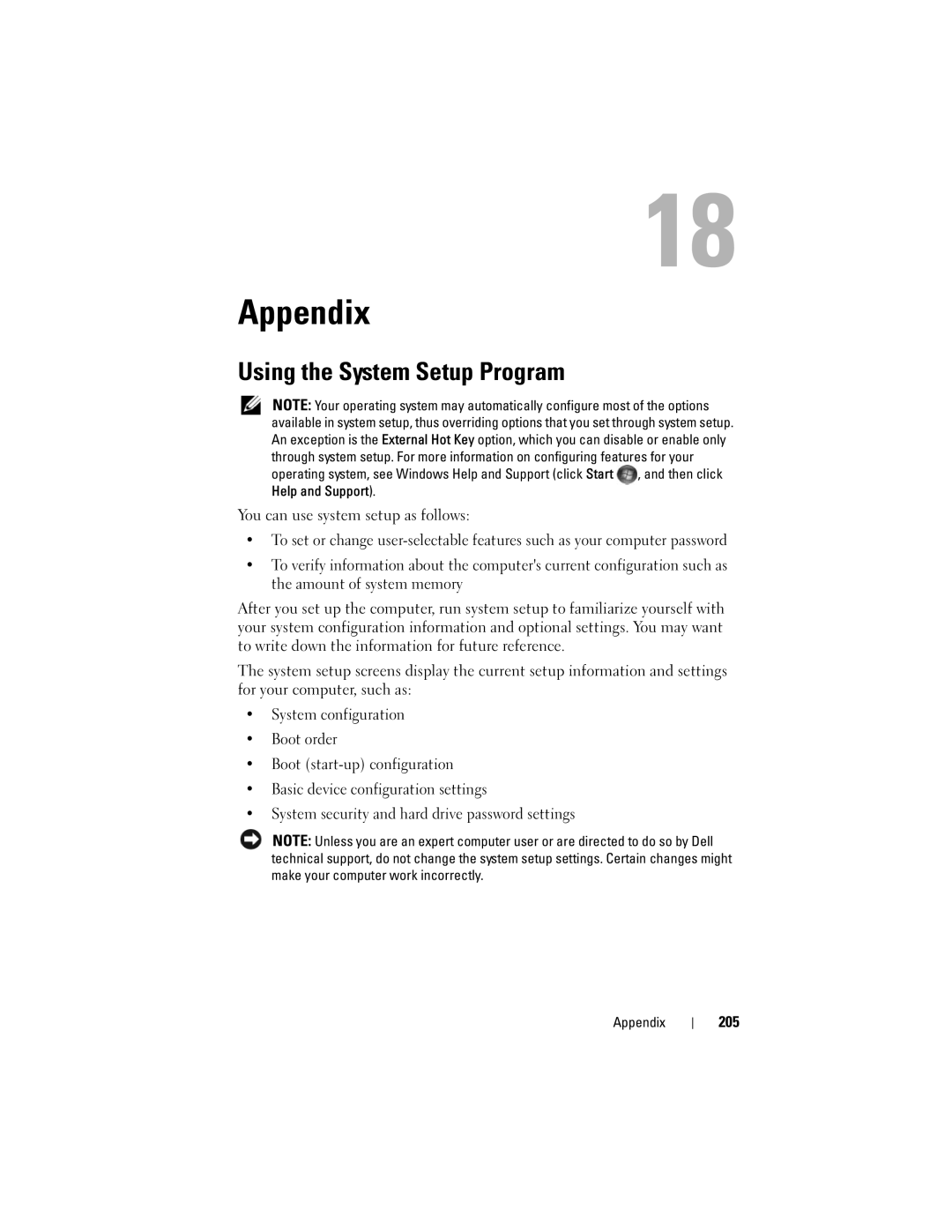 Dell 1700 manual Appendix, Using the System Setup Program, 205 