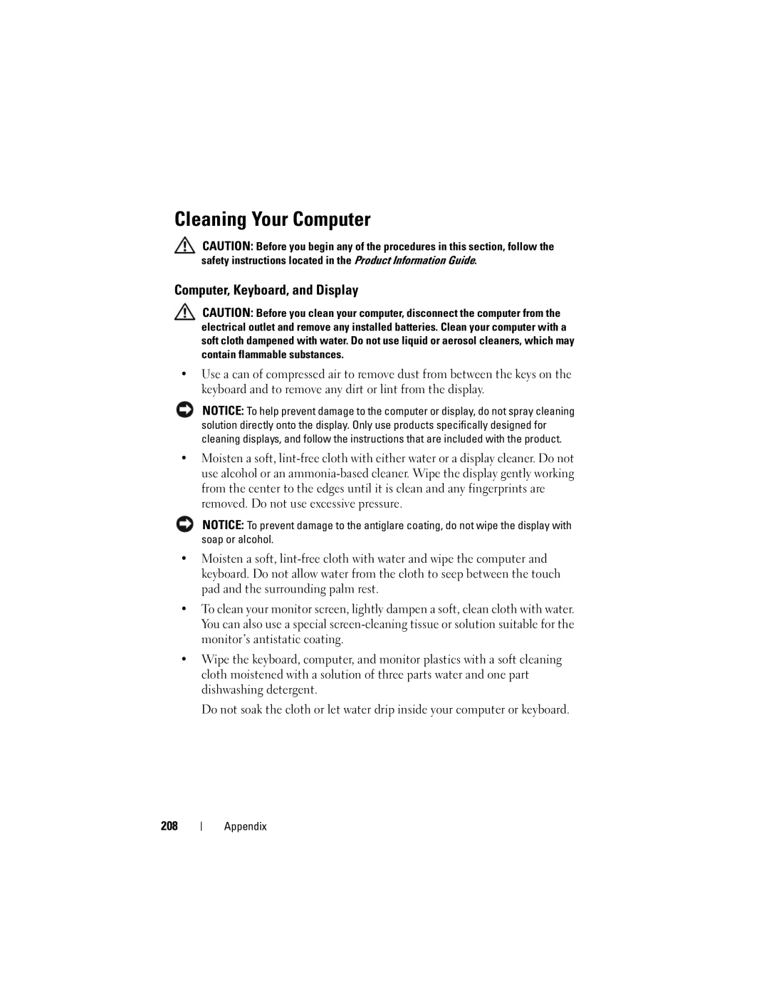 Dell 1700 manual Cleaning Your Computer, Computer, Keyboard, and Display 