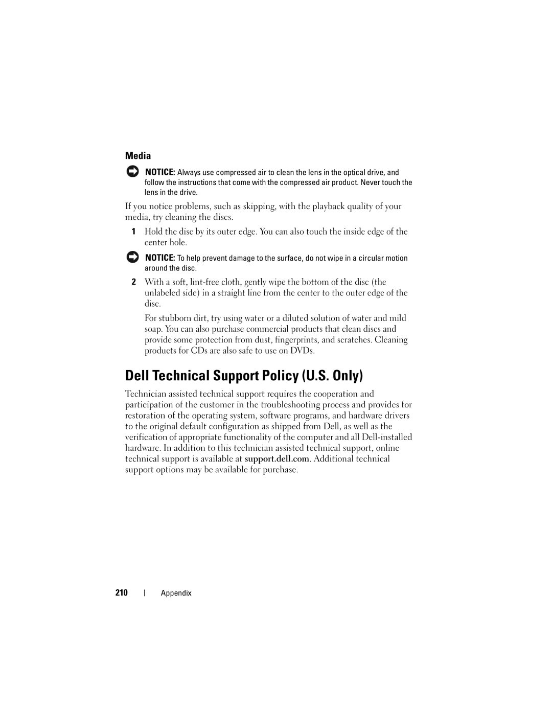 Dell 1700 manual Dell Technical Support Policy U.S. Only, Media, 210 