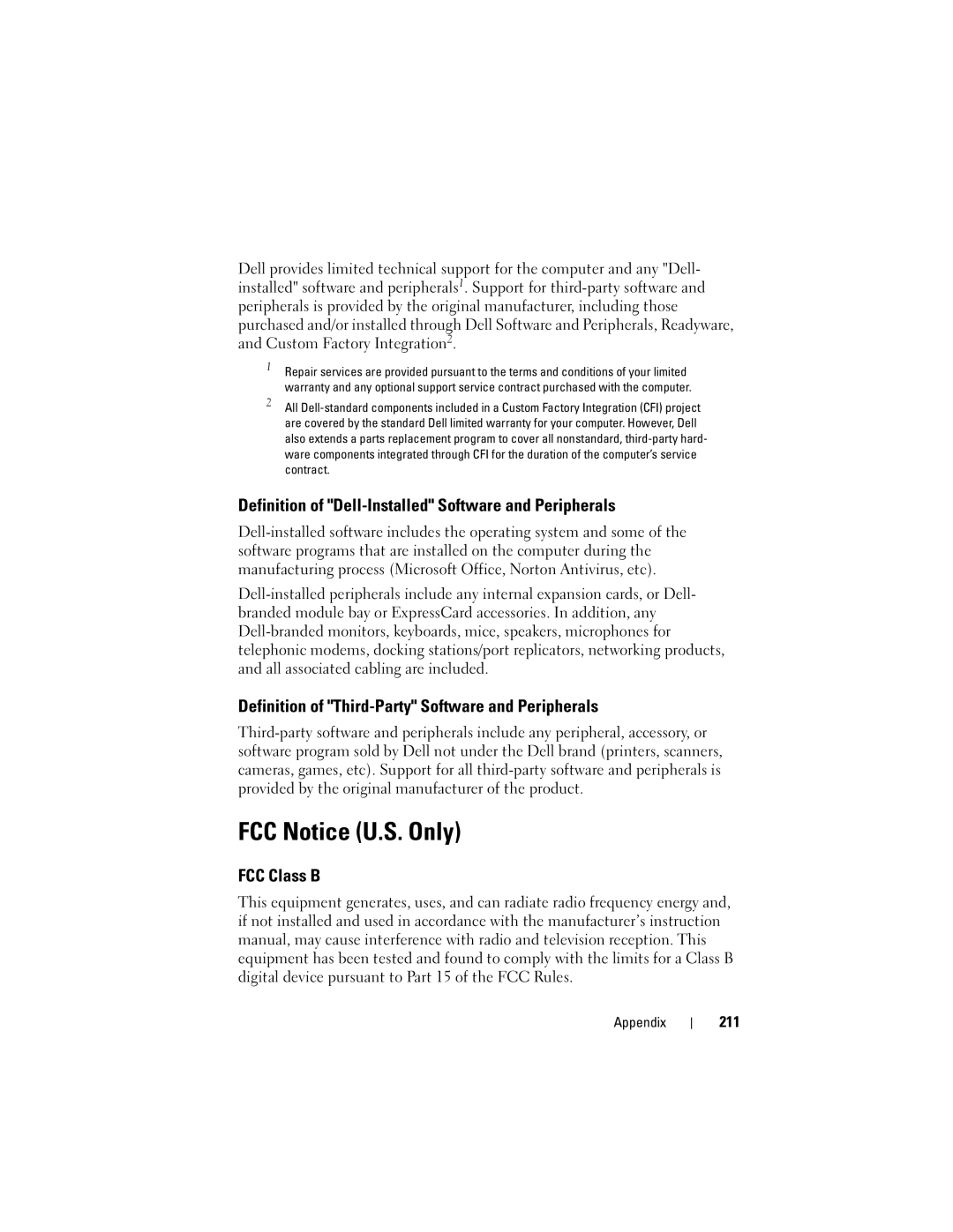 Dell 1700 manual FCC Notice U.S. Only, Definition of Dell-Installed Software and Peripherals, FCC Class B, 211 