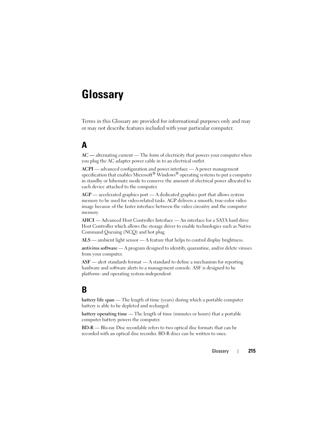 Dell 1700 manual Glossary, 215 