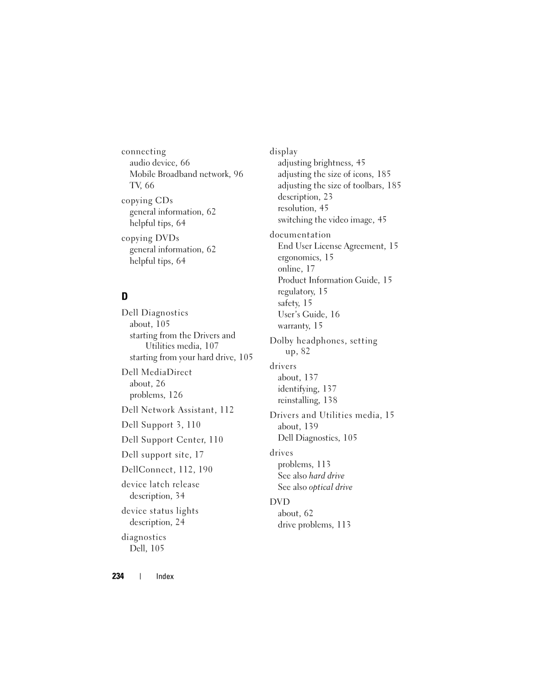 Dell 1700 manual See also hard drive See also optical drive, 234 