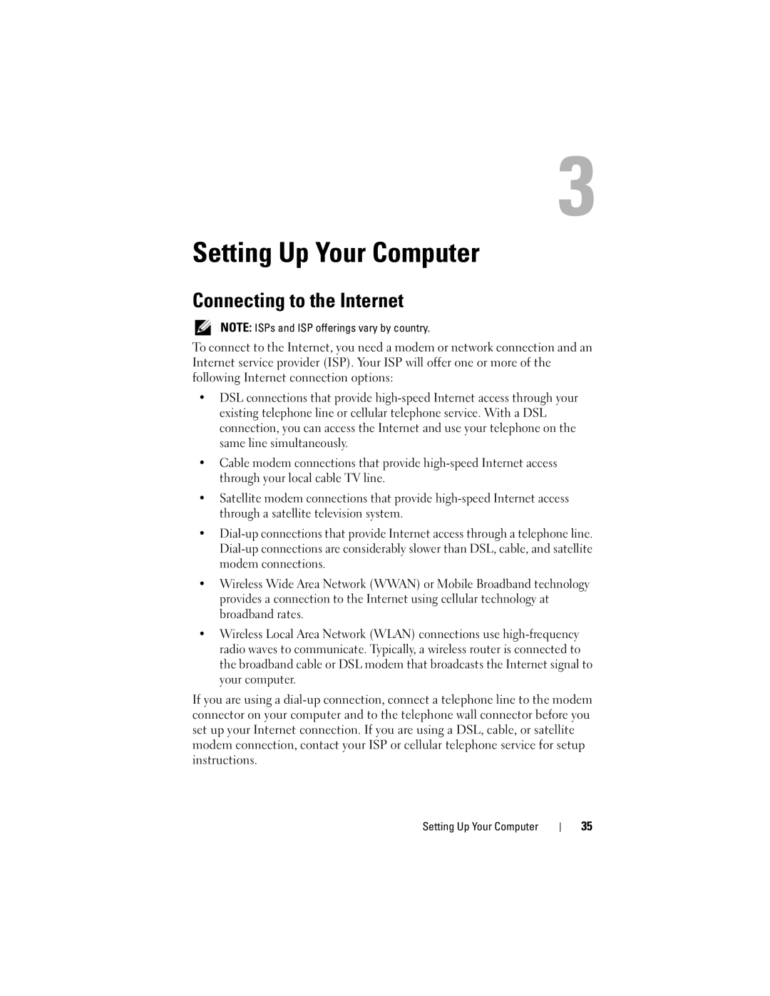 Dell 1700 manual Setting Up Your Computer, Connecting to the Internet 