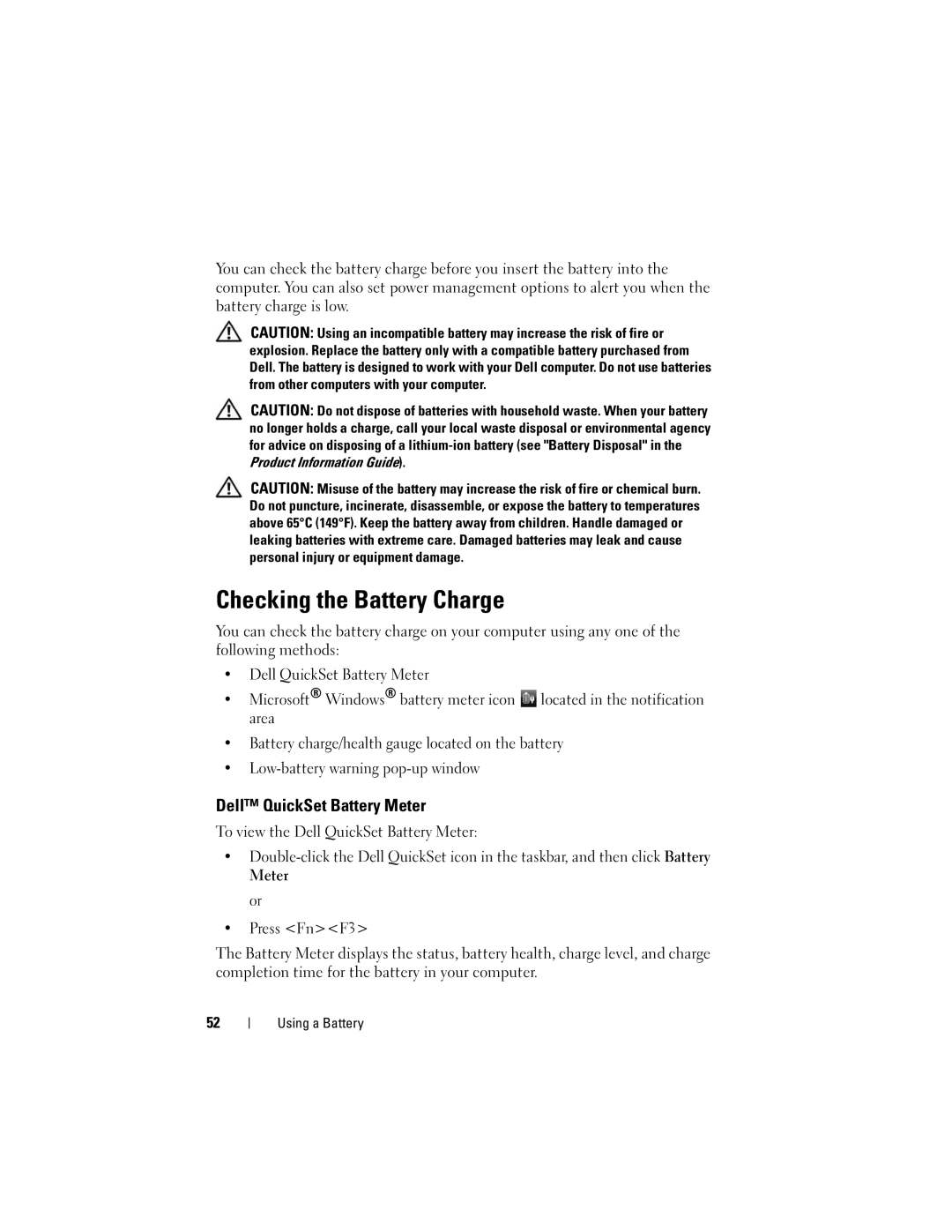 Dell 1700 manual Checking the Battery Charge, Dell QuickSet Battery Meter 