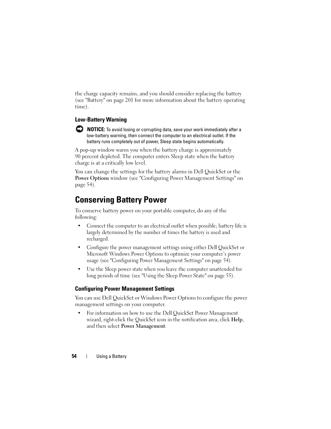 Dell 1700 manual Conserving Battery Power, Low-Battery Warning, Configuring Power Management Settings 