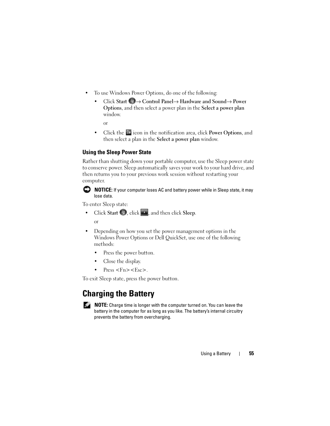 Dell 1700 manual Charging the Battery, Using the Sleep Power State 