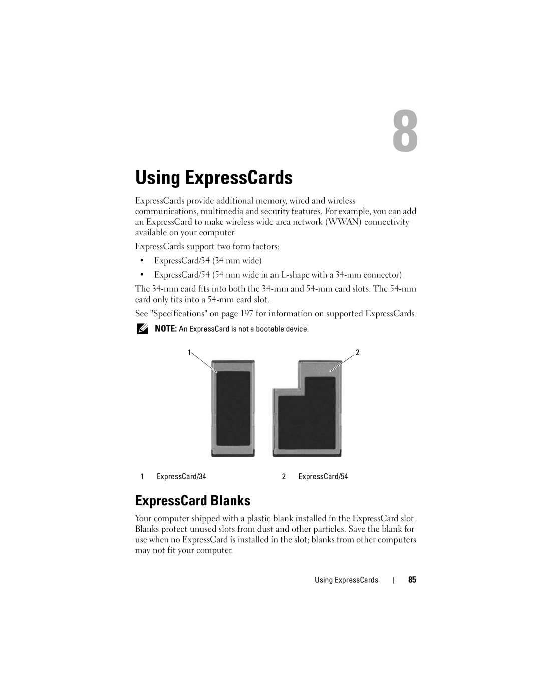 Dell 1700 manual Using ExpressCards, ExpressCard Blanks 