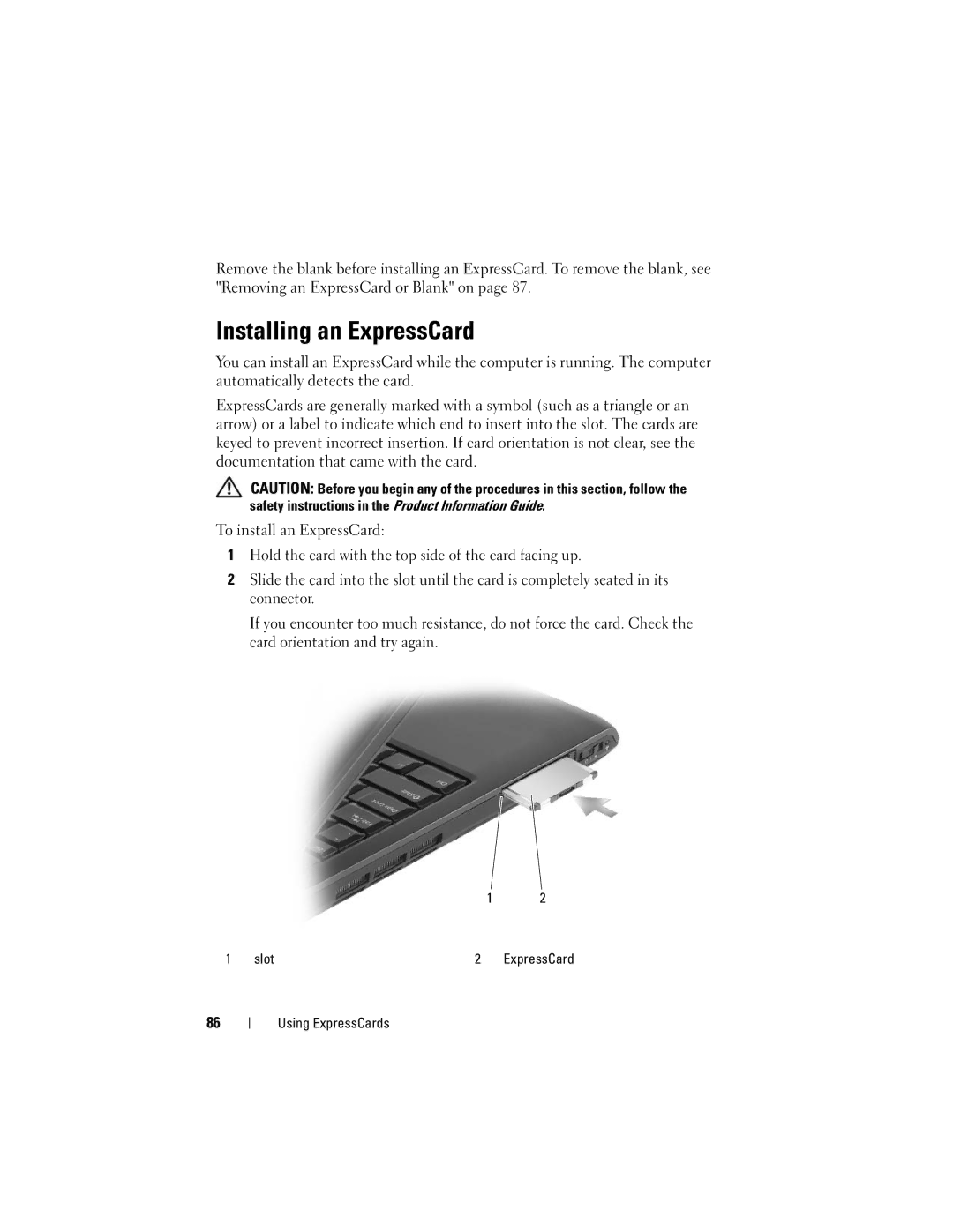 Dell 1700 manual Installing an ExpressCard 