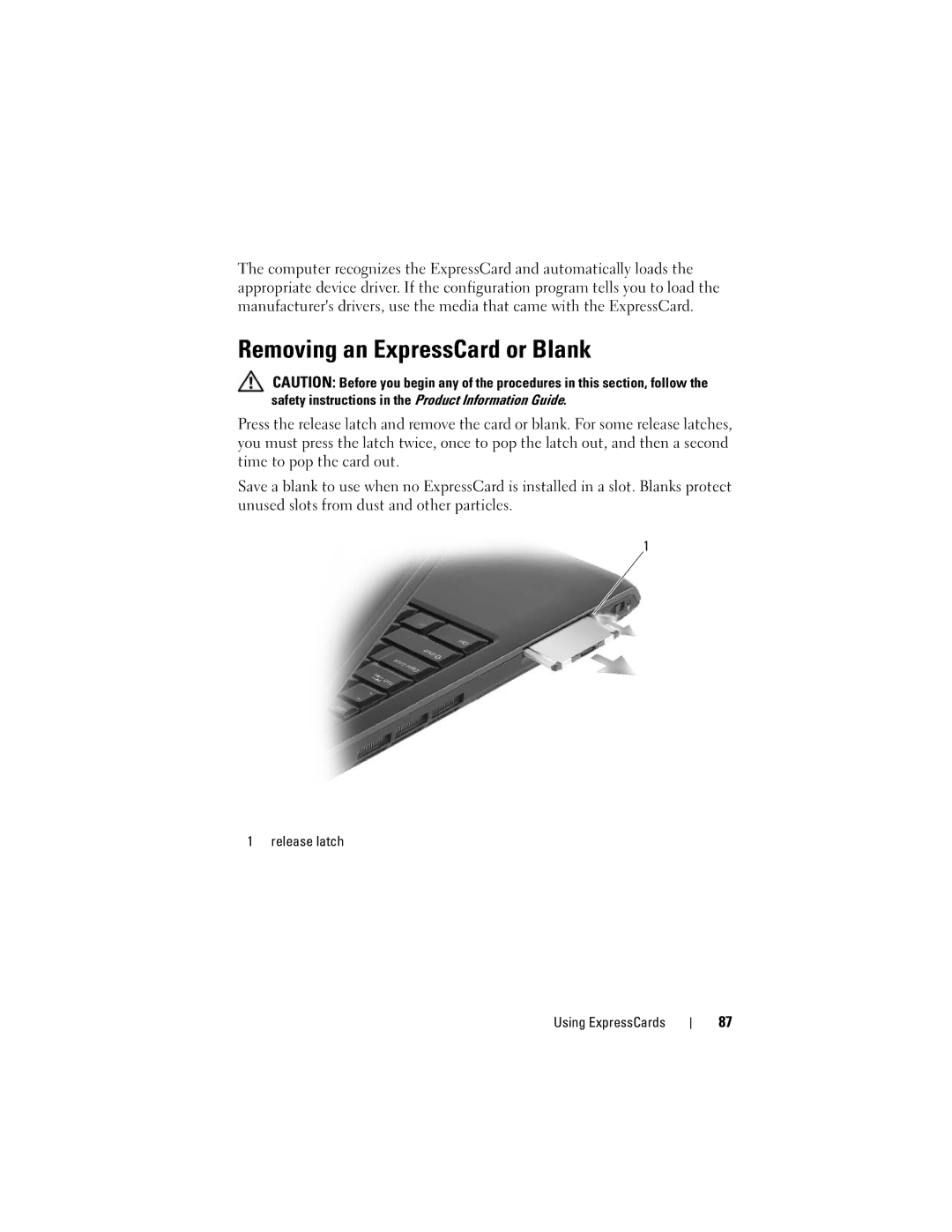 Dell 1700 manual Removing an ExpressCard or Blank 