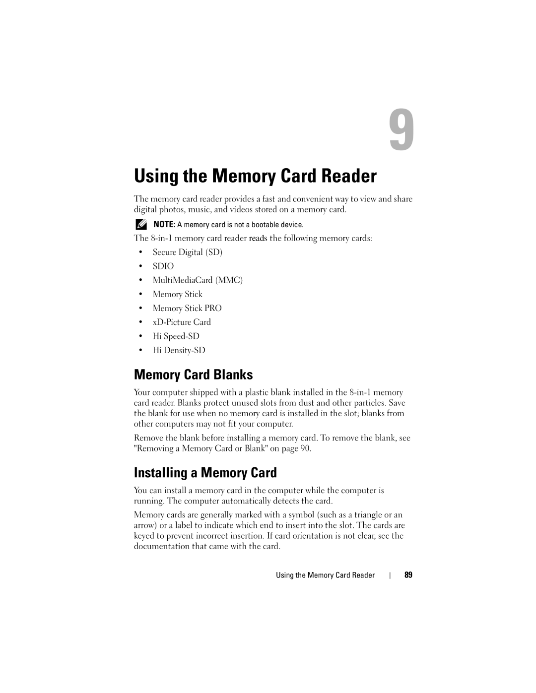 Dell 1700 manual Using the Memory Card Reader, Memory Card Blanks, Installing a Memory Card, Secure Digital SD 