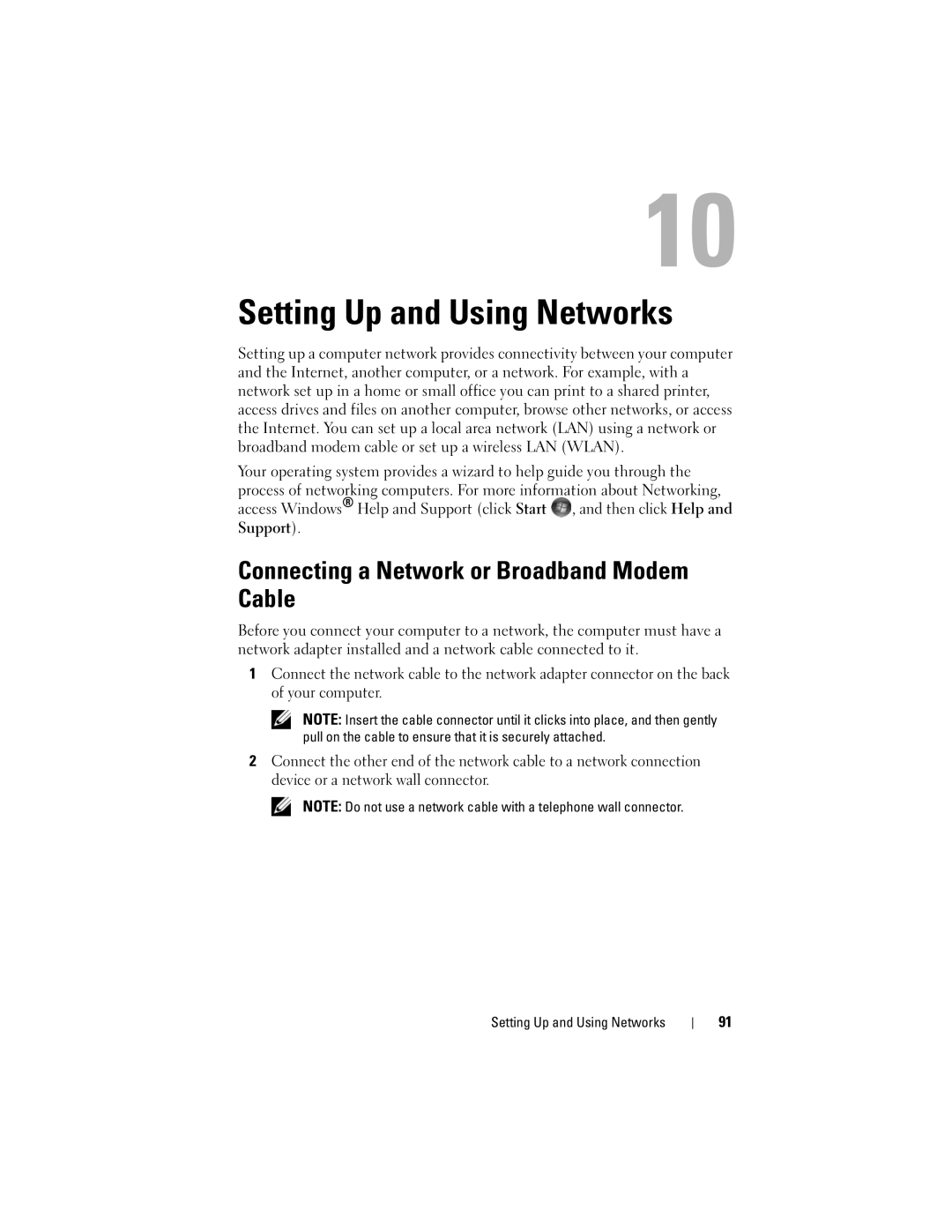 Dell 1700 manual Setting Up and Using Networks, Connecting a Network or Broadband Modem Cable 