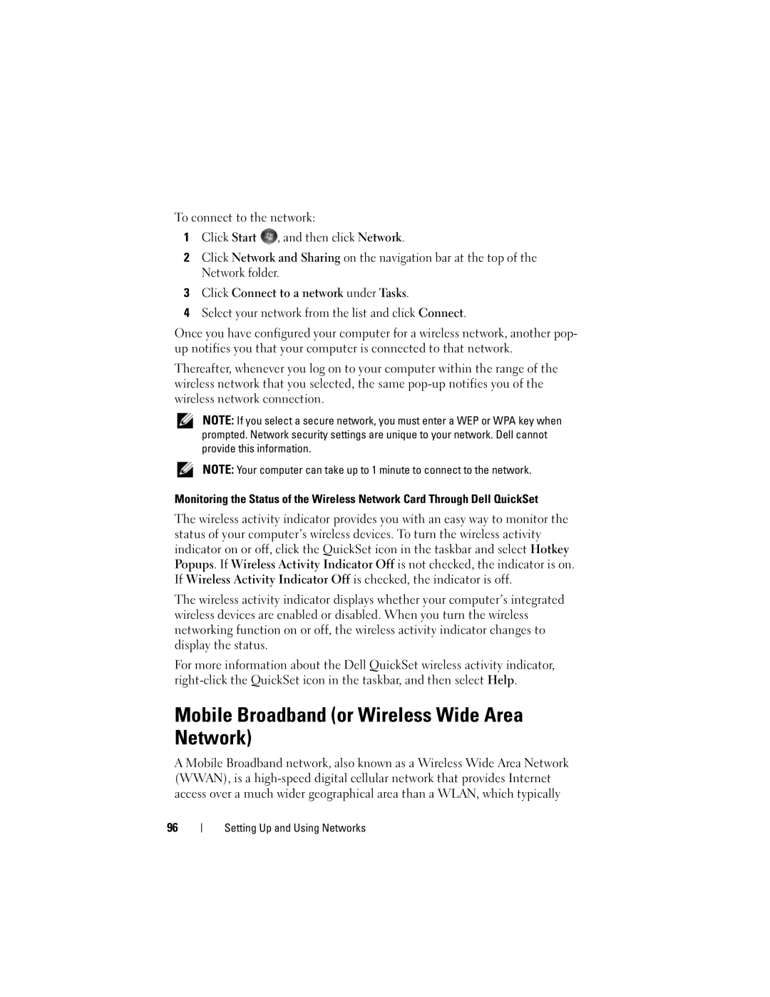 Dell 1700 manual Mobile Broadband or Wireless Wide Area Network 