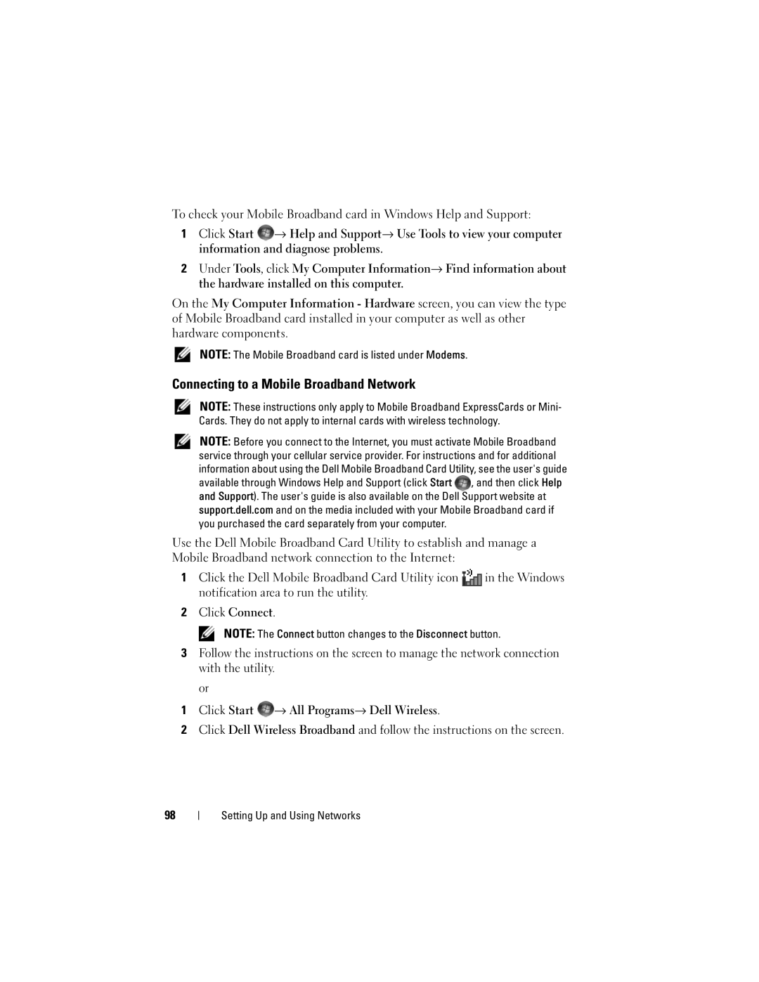 Dell 1700 manual Connecting to a Mobile Broadband Network 