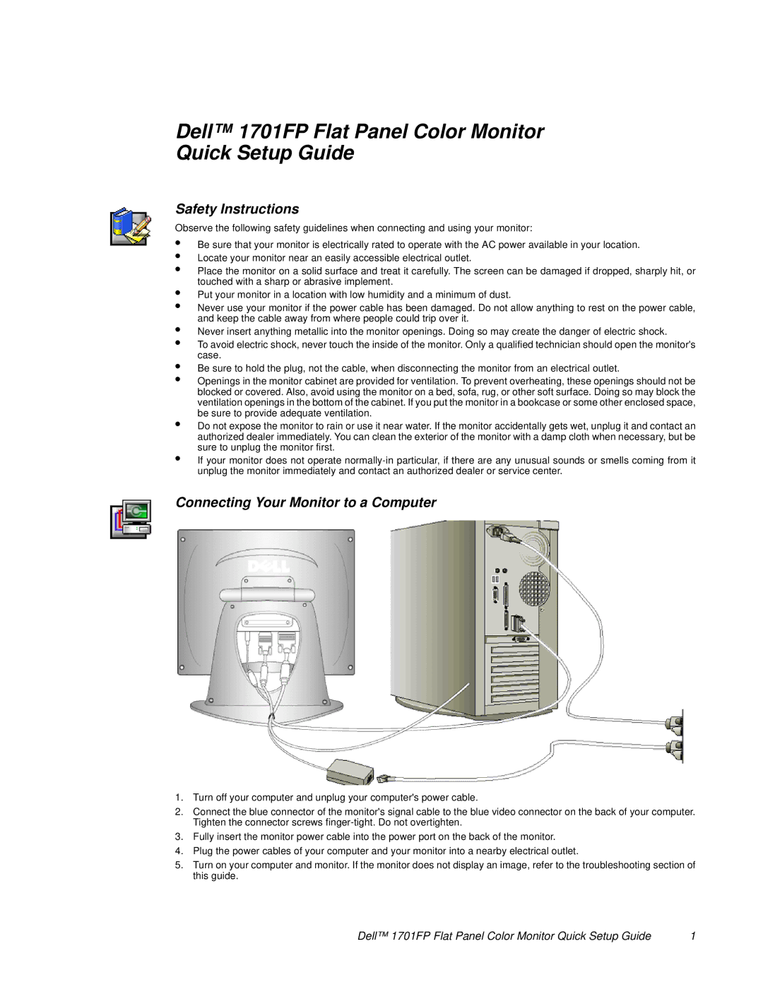 Dell 1701FP setup guide Safety Instructions, Connecting Your Monitor to a Computer 