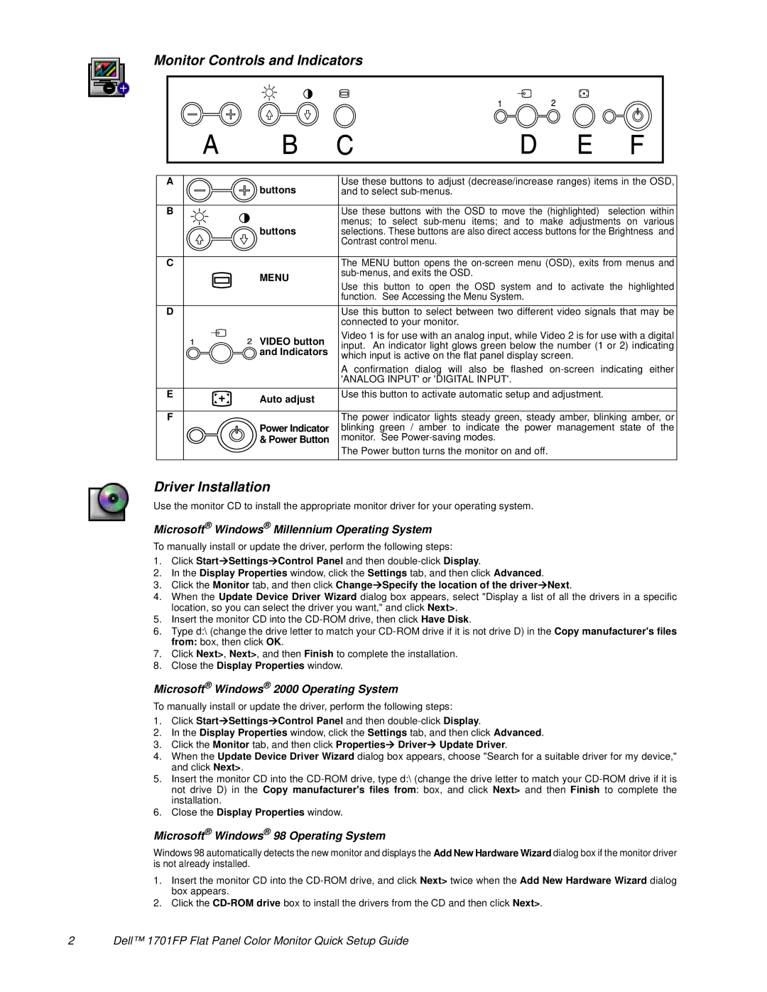 Dell 1701FP setup guide Monitor Controls and Indicators, Driver Installation, Microsoft Windows Millennium Operating System 