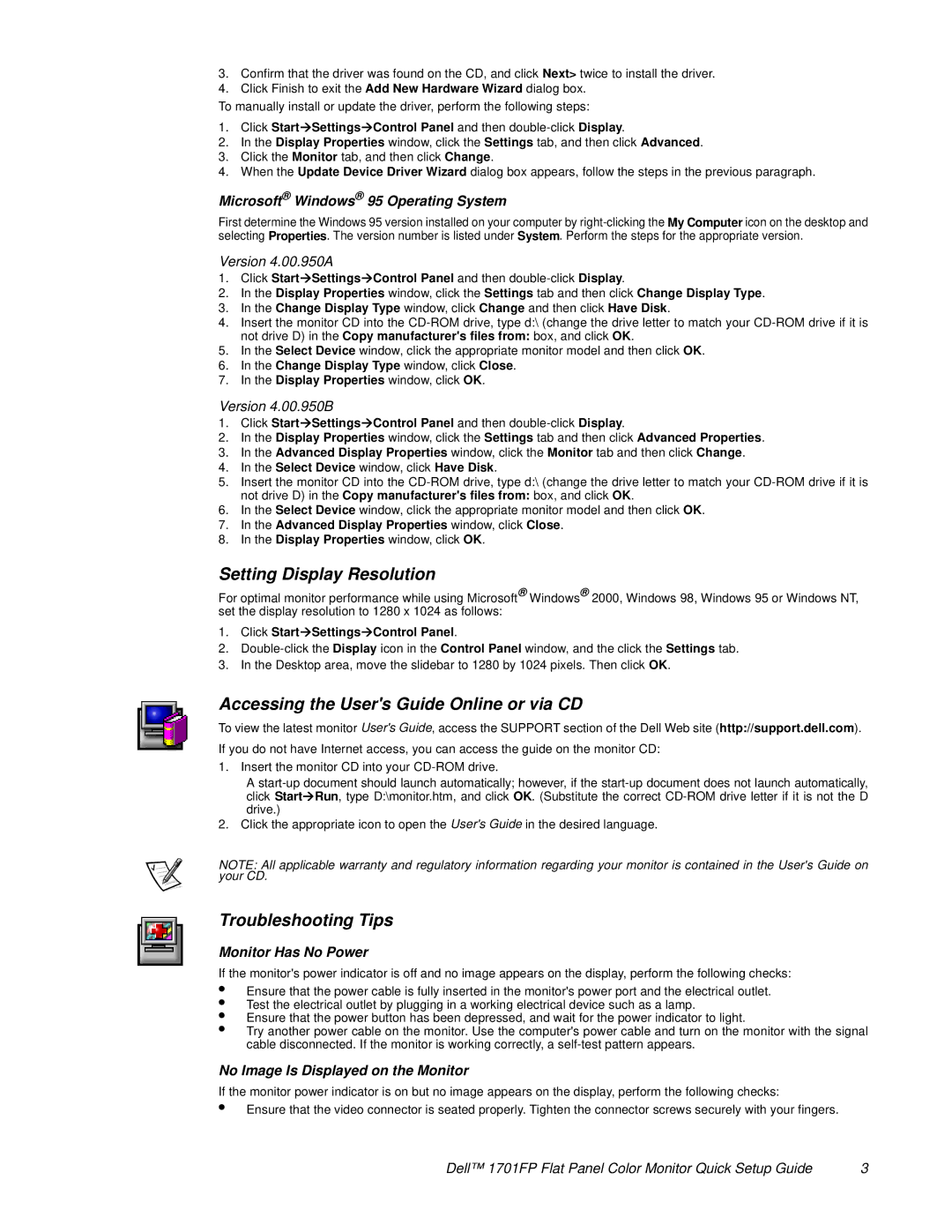 Dell 1701FP setup guide Setting Display Resolution, Accessing the Users Guide Online or via CD, Troubleshooting Tips 