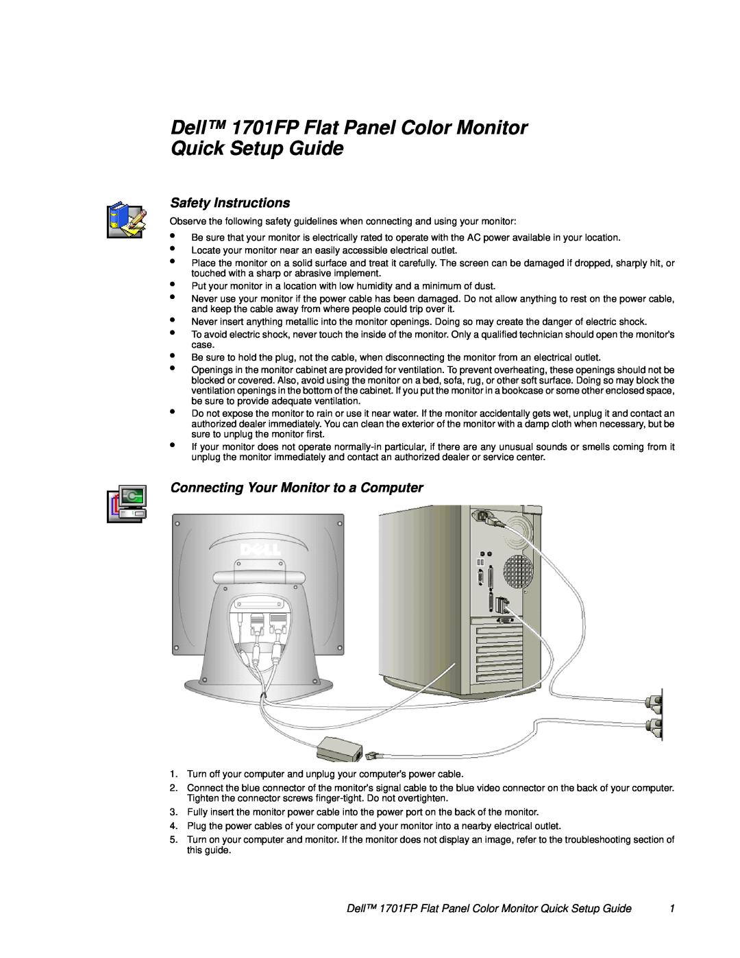 Dell 1701FP setup guide Safety Instructions, Connecting Your Monitor to a Computer 