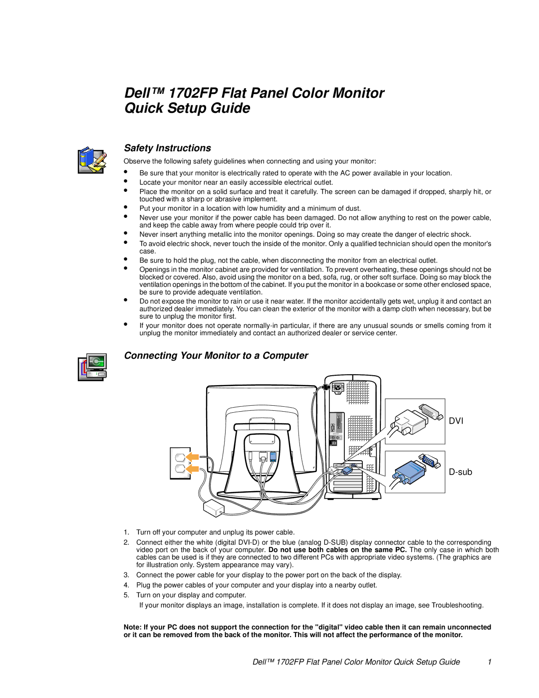 Dell 1702FP setup guide Safety Instructions, Connecting Your Monitor to a Computer 