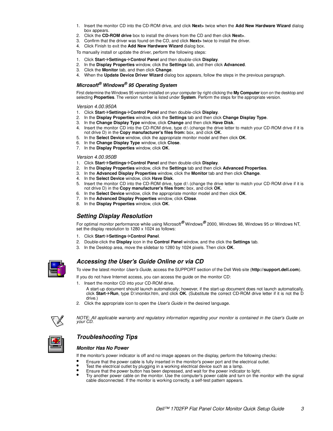 Dell 1702FP setup guide Setting Display Resolution, Accessing the Users Guide Online or via CD, Troubleshooting Tips 