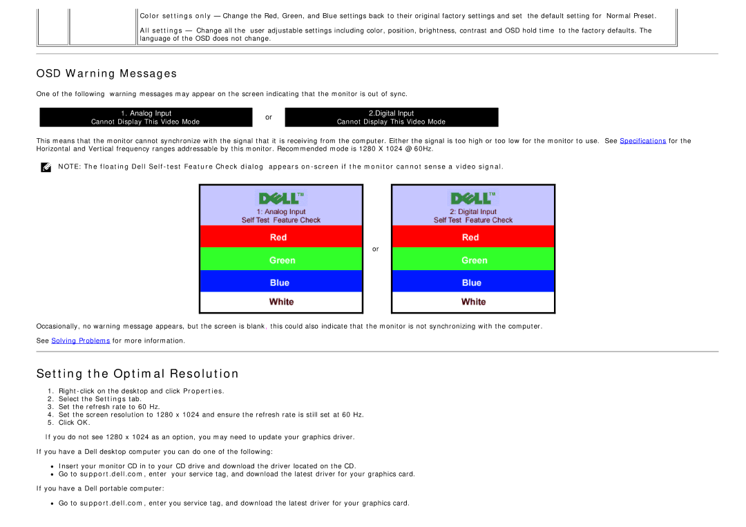 Dell 1707FP appendix Setting the Optimal Resolution, OSD Warning Messages 