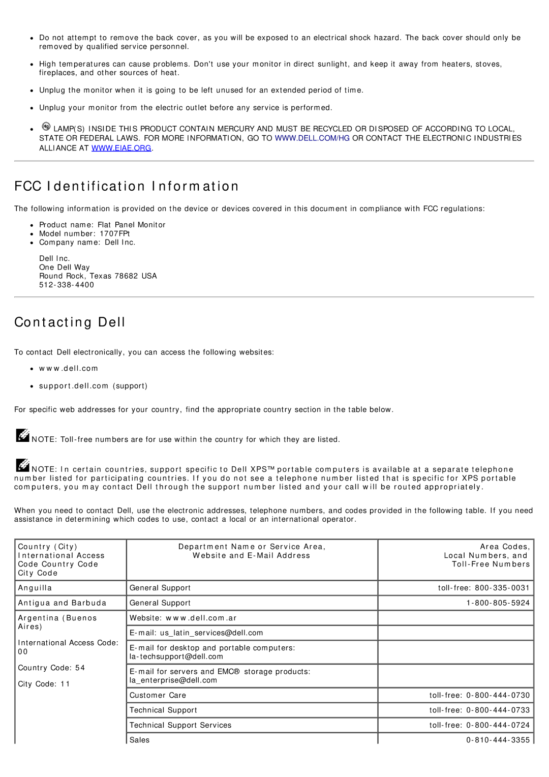 Dell 1707FP appendix FCC Identification Information 