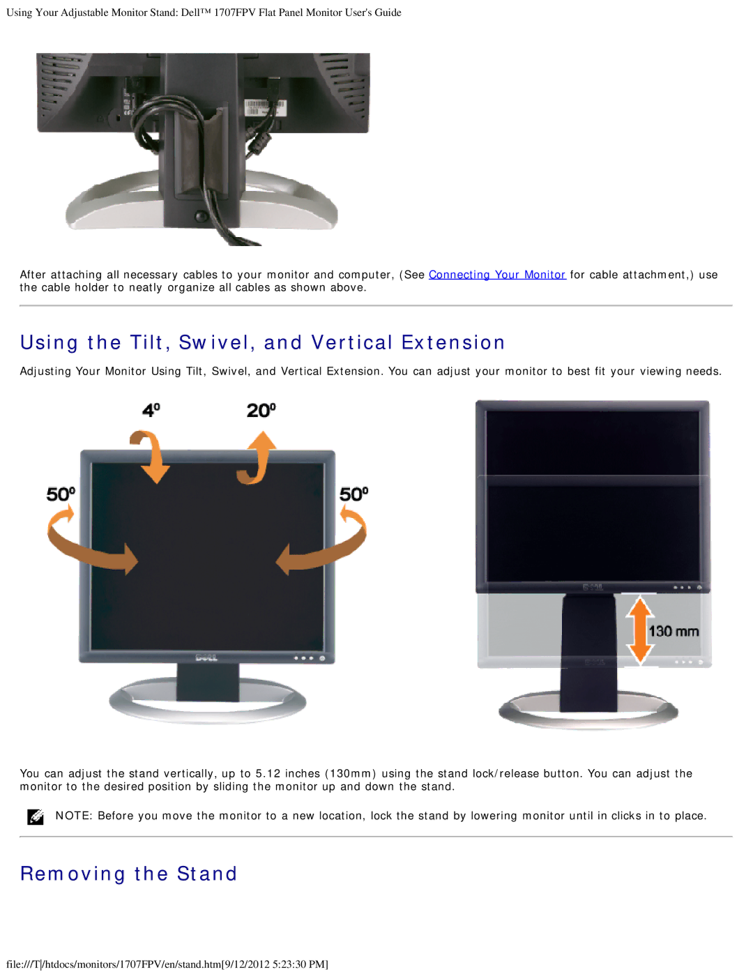 Dell 1707FPV appendix Using the Tilt, Swivel, and Vertical Extension 