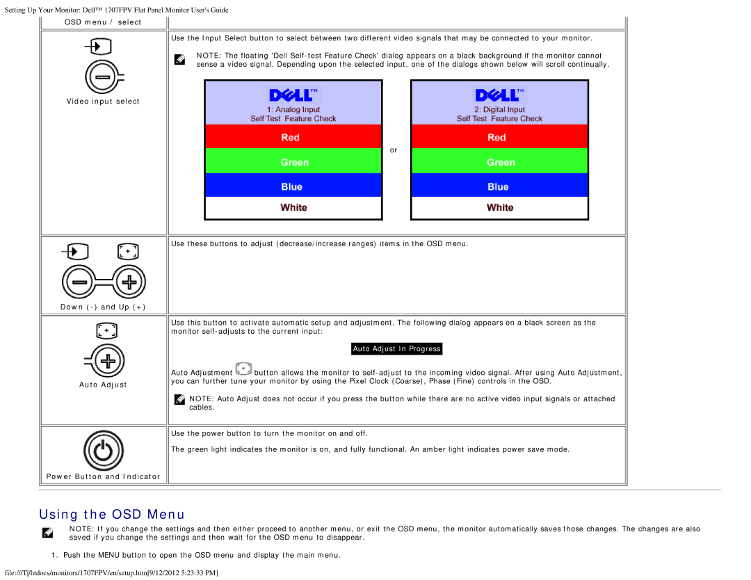 Dell 1707FPV appendix Using the OSD Menu, OSD menu / select, Video input select, Down and Up + Auto Adjust 