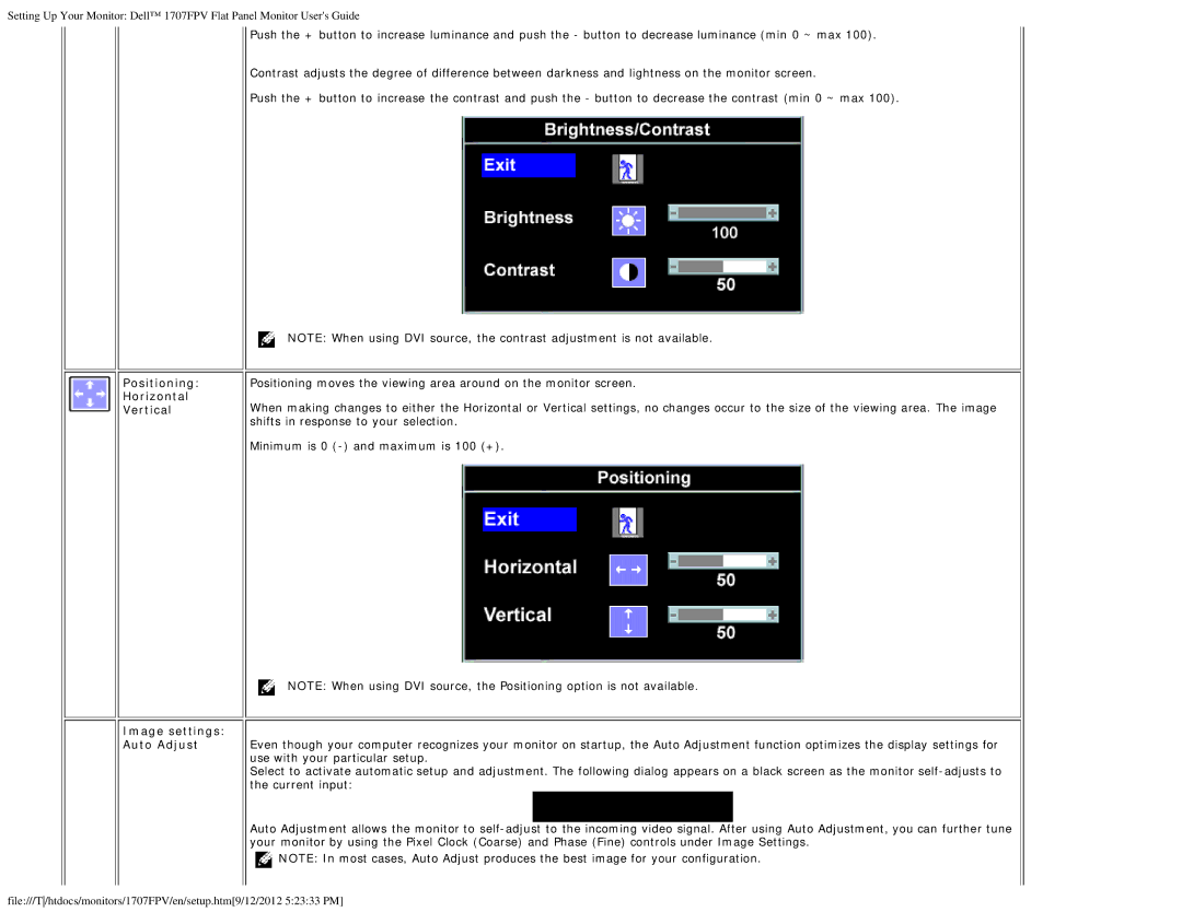 Dell 1707FPV appendix Positioning Horizontal Vertical Image settings Auto Adjust 