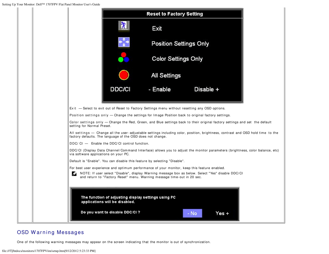 Dell 1707FPV appendix OSD Warning Messages 