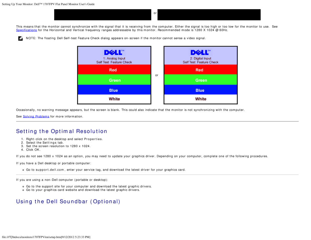 Dell 1707FPV appendix Setting the Optimal Resolution, Using the Dell Soundbar Optional 