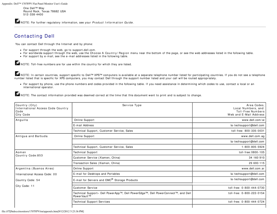 Dell 1707FPV appendix Contacting Dell, Antigua and Barbuda, Aomen, Country Code853, Argentina Buenos Aires 