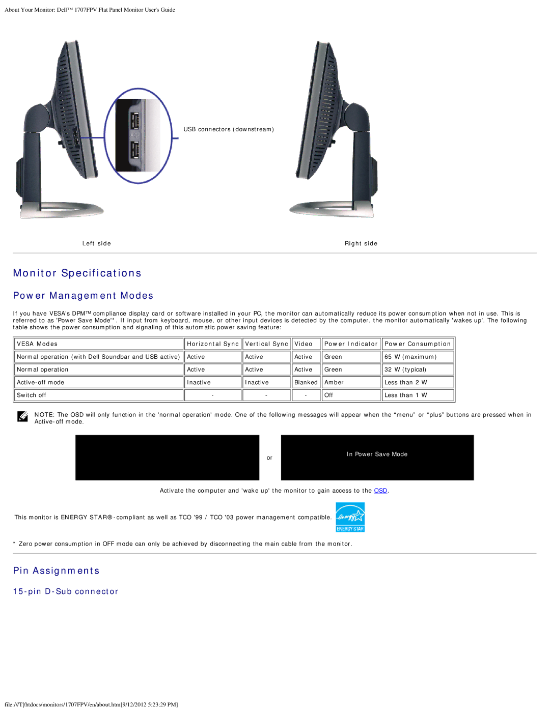 Dell 1707FPV appendix Monitor Specifications 